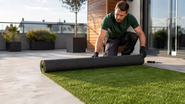 Kunstrasen wird auf einer vorbereiteten Betonfläche verlegt