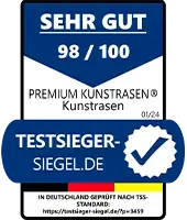 Testsieger-Siegel.de Sehr Gut 98 von 100 Punkten für Premium-Kunstrasen